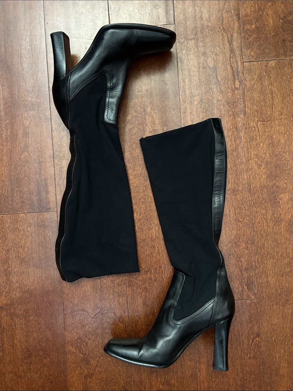 Via Spiga Stretch Fabric and Leather Knee High Heeled Boots in Black, Size 5.5